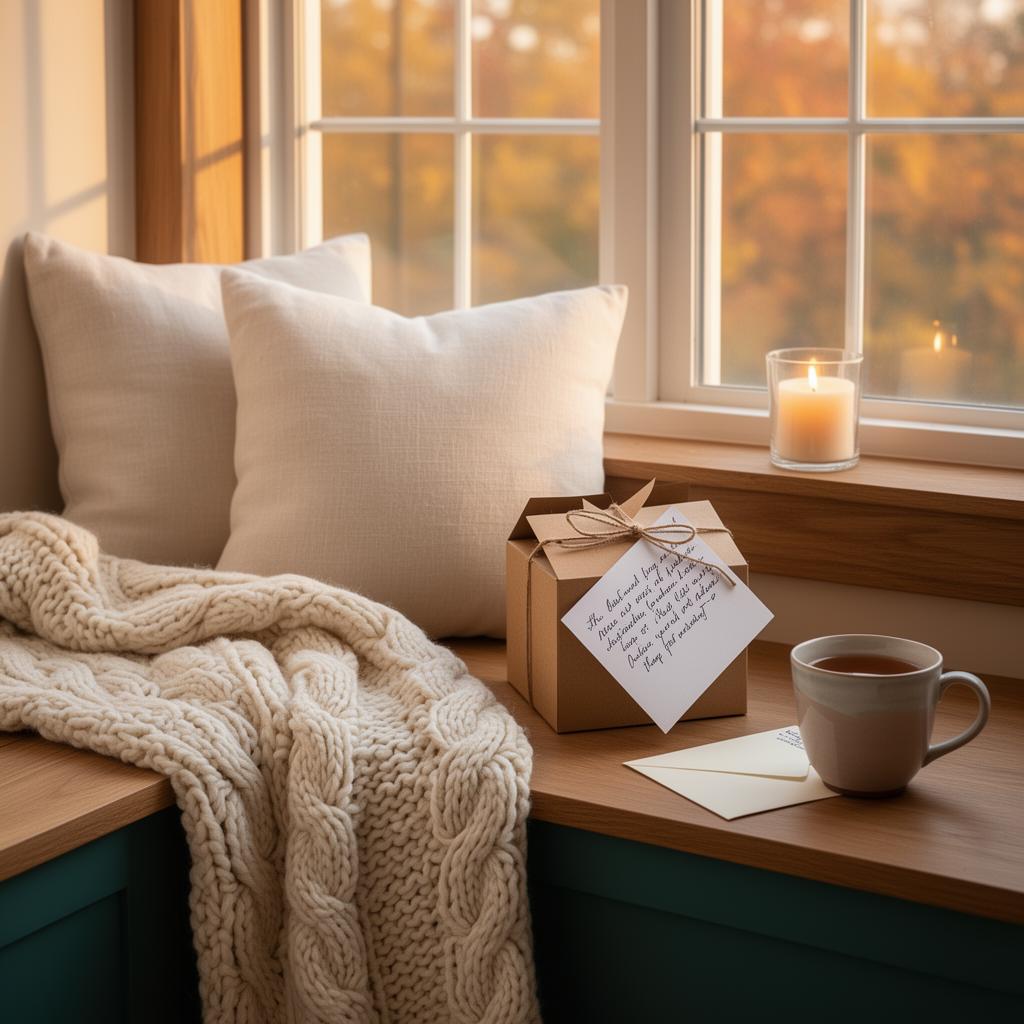 A cosy window nook with a knit blanket, a lit candle and a Ripple Mail Club package ready to open