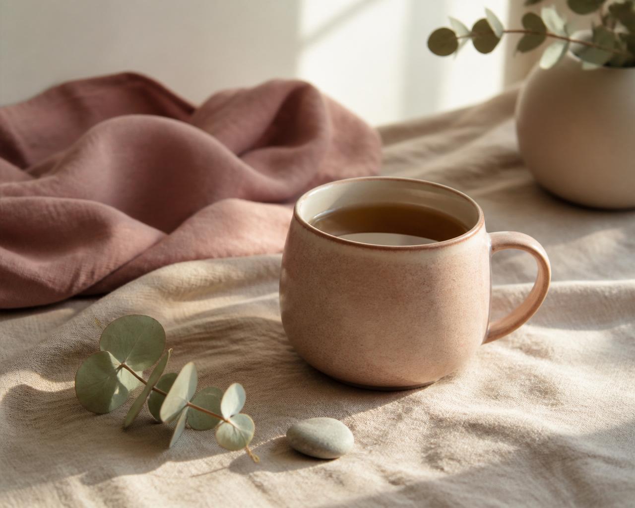 A warm cup of tea, eucalyptus and a small pebble resting on soft linen in morning light