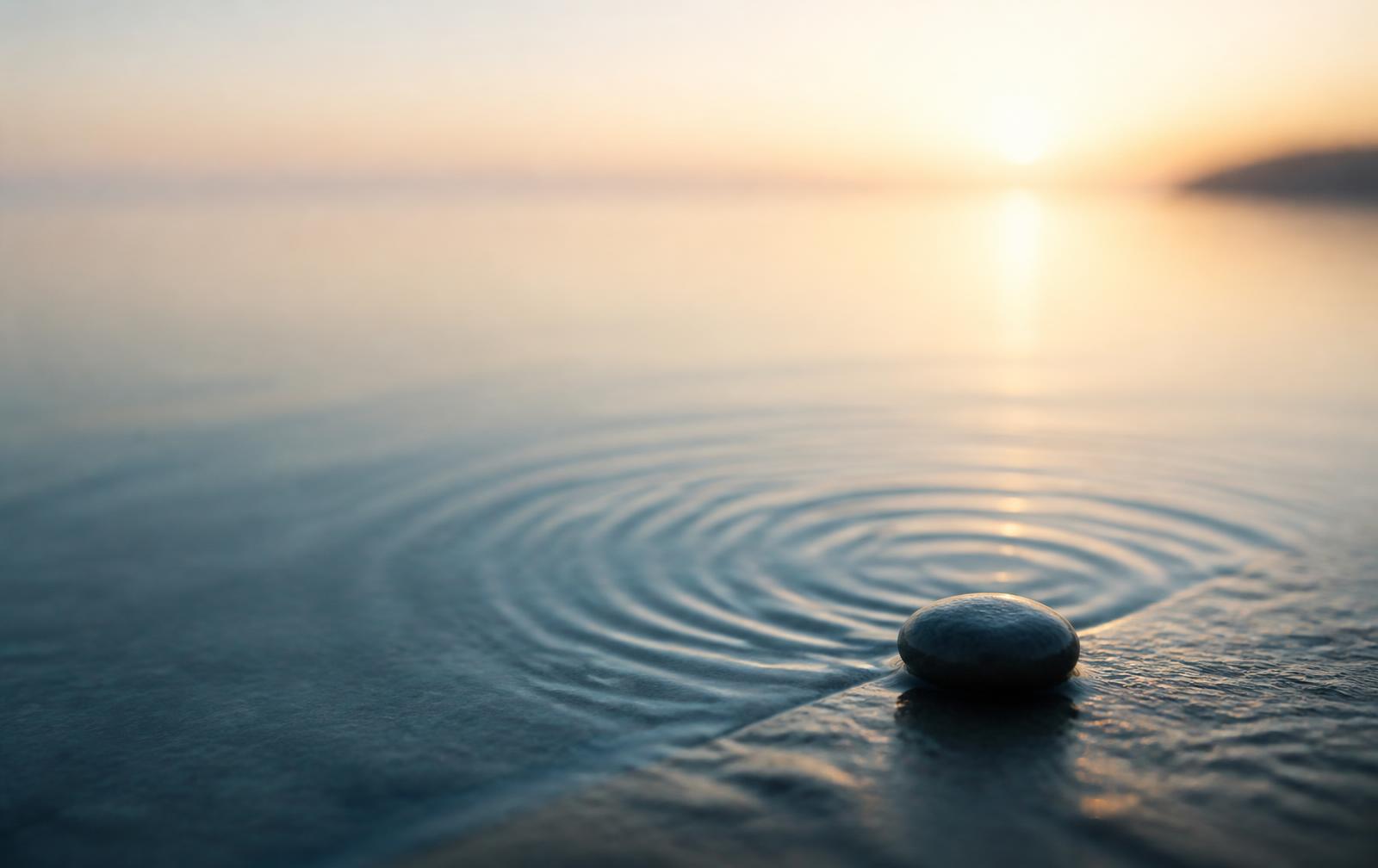 A single pebble resting in still water at dawn, ripples spreading outward