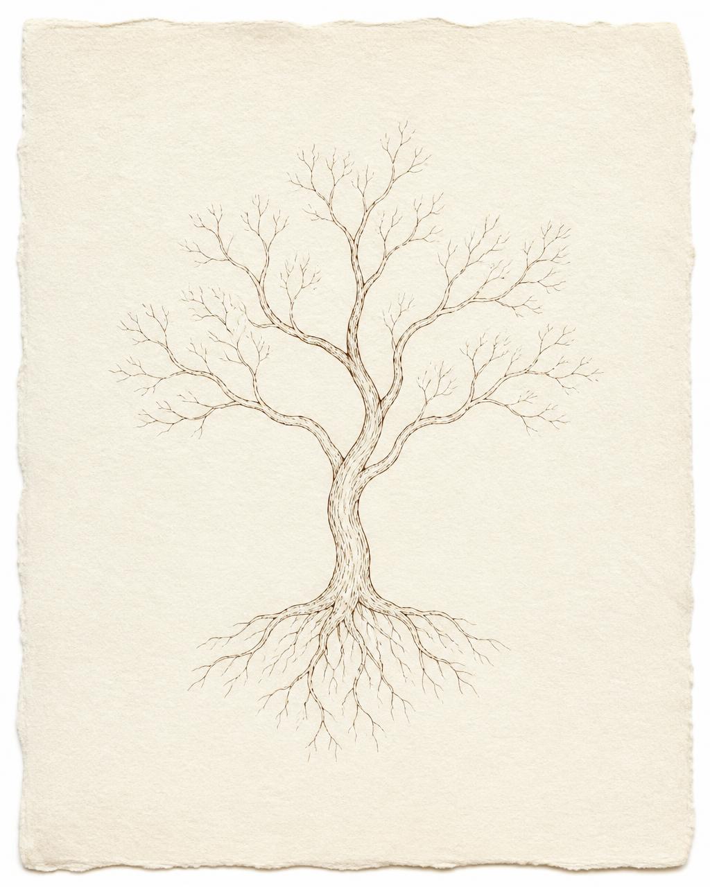 Fine line ink drawing of a tree with spreading branches and roots